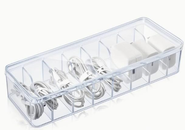 4-Pack Clear Cable Management Boxes with 40 Silicone Ties - Durable Cord Organizer Storage Solution for Desk Accessories, Electronics, Cosmetics, Jewelry - Versatile Home & Office Organization Kit