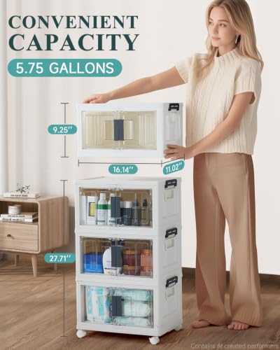 OlarHike Storage Bins with Lids - Folding Storage box with Doors and Wheels, Collapsible Plastic Storage Bins for Closet, Stackable Storage Organizer, Movable Storage Containers