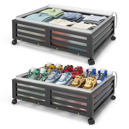 Wisuce Home Under Bed Storage Containers With Wheels - Bamboo Wood Rolling Underbed Shoe Storage Bins With Dust Bags for Clothes Blankets, Duvet Covers Snacks Toys