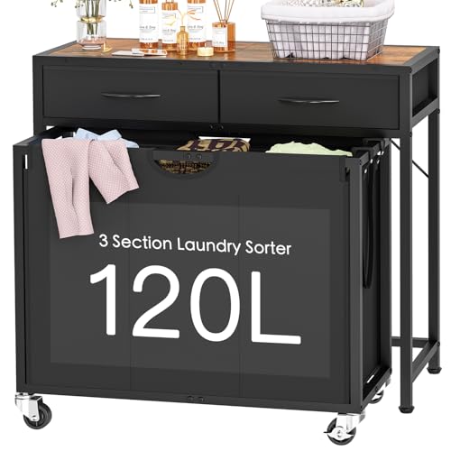 3-Section Rolling Laundry Sorter with 2 Drawers & Wheels