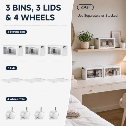 OlarHike Storage Bins with Lids - Folding Storage box with Doors and Wheels, Collapsible Plastic Storage Bins for Closet, Stackable Storage Organizer, Movable Storage Containers