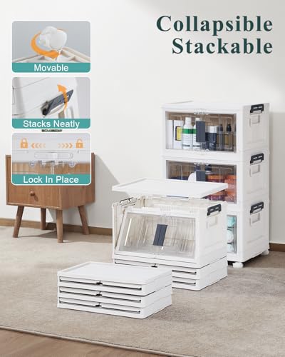 OlarHike Storage Bins with Lids - Folding Storage box with Doors and Wheels, Collapsible Plastic Storage Bins for Closet, Stackable Storage Organizer, Movable Storage Containers