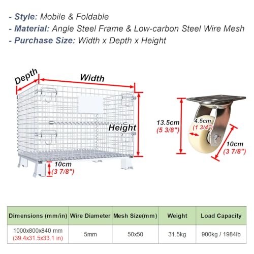 Heavy-Duty Wire Mesh Storage Cart with 4 Wheels & Folding Feet - Mobile Utility Trolley for Home, Garage, Warehouse, and Shop Organization