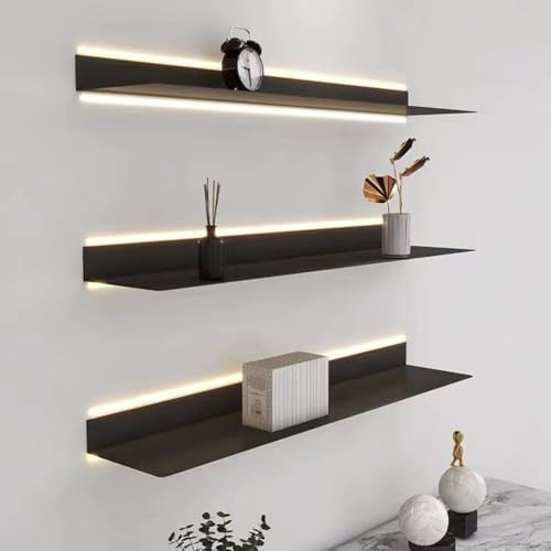 UFAGFDA Floating Shelves Hanging Shelve Storage Organizers Multi-Layer,Heavy-Du Metal Wall Shelves 3-Piece Set with LED Lighting Slish Hanging Boohelf for Living Room Decor Sturdy Display Rack for B