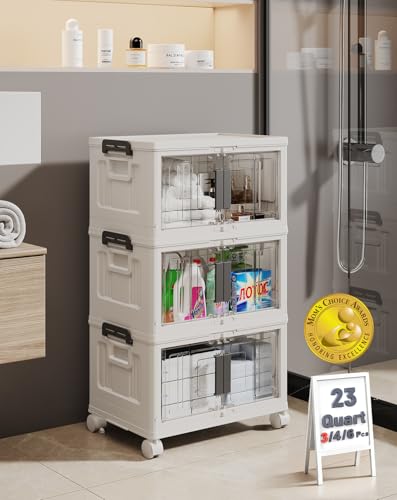 OlarHike Storage Bins with Lids - Folding Storage box with Doors and Wheels, Collapsible Plastic Storage Bins for Closet, Stackable Storage Organizer, Movable Storage Containers