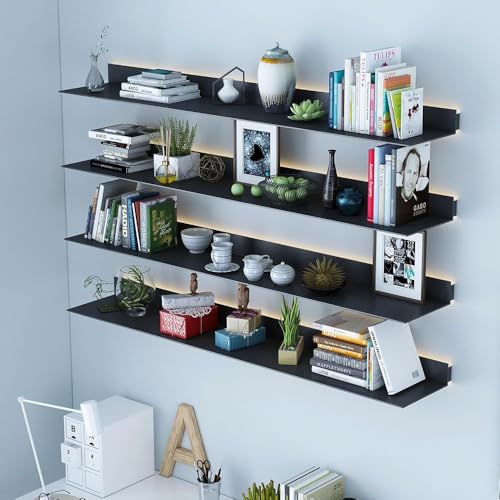 UFAGFDA Floating Shelves Hanging Shelve Storage Organizers Multi-Layer,Heavy-Du Metal Wall Shelves 3-Piece Set with LED Lighting Slish Hanging Boohelf for Living Room Decor Sturdy Display Rack for B