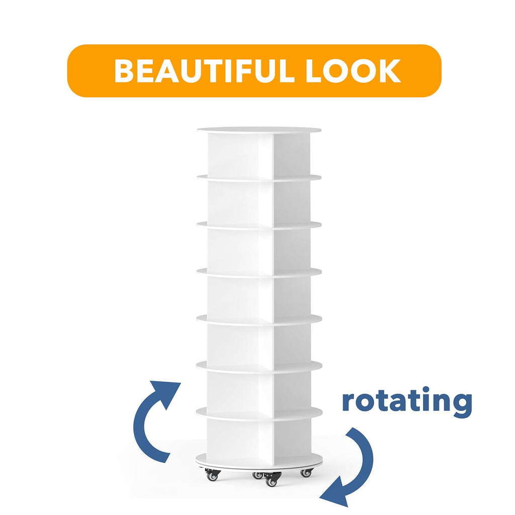 SpaceAid Spinning Shoe Rack with Wheels, 7 Tier Rotating Organizer Shoe Tower Lazy Susan with Thick Bottom, 360 Display Revolving Storage Shelf, Round Circular Rotate Organization, White