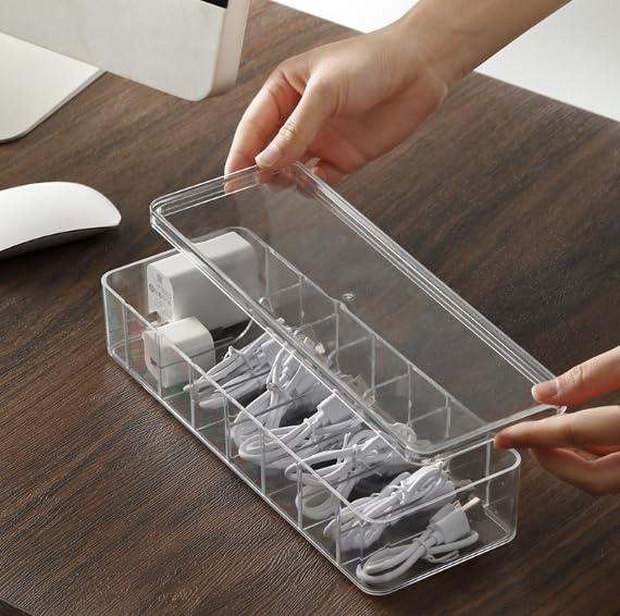 4-Pack Clear Cable Management Boxes with 40 Silicone Ties - Durable Cord Organizer Storage Solution for Desk Accessories, Electronics, Cosmetics, Jewelry - Versatile Home & Office Organization Kit