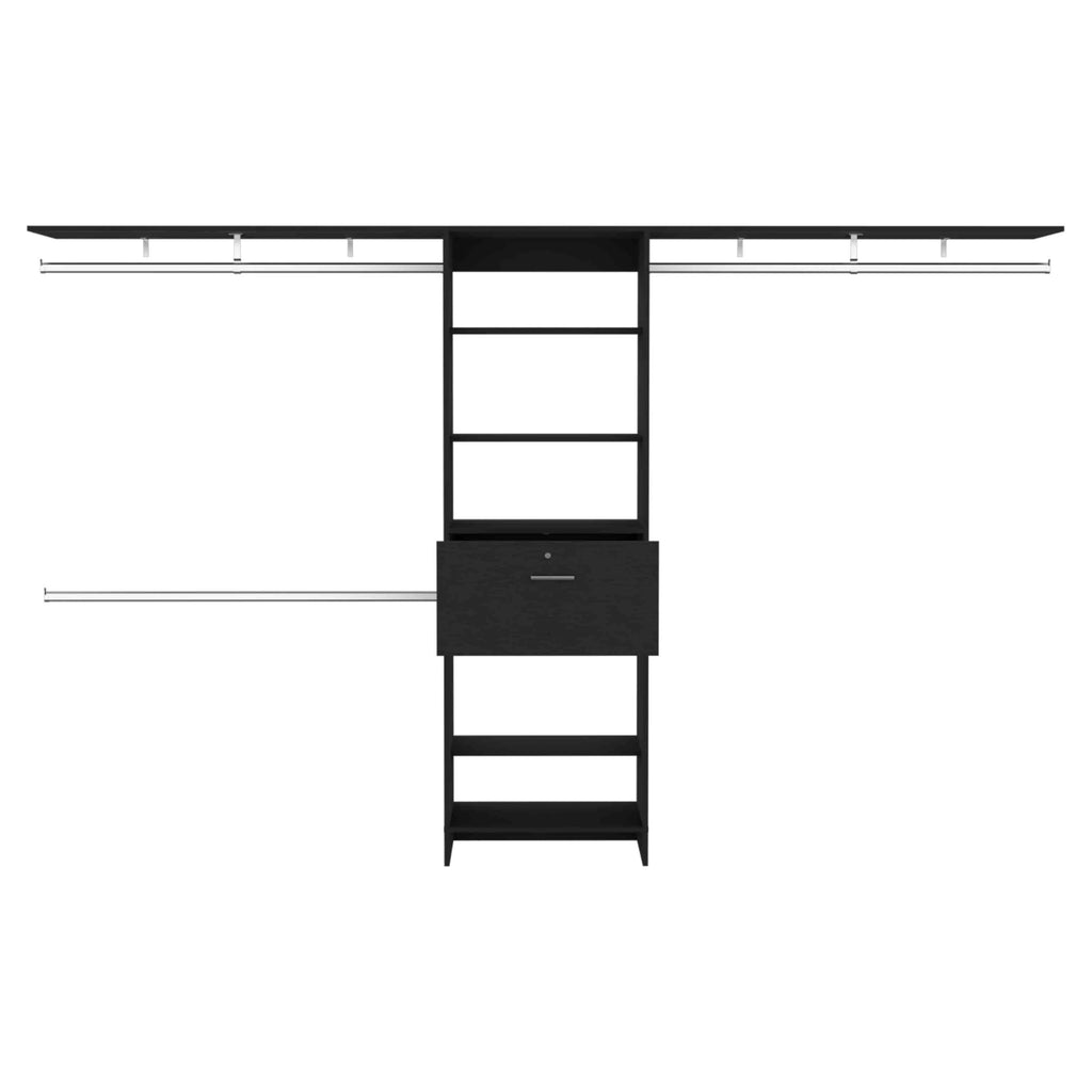 GMASONHK Black Closet Organizer System - 3 Hanging Rods, 5 Shelves, 1 Drawer for Bedroom and Wardrobe