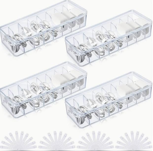 4-Pack Clear Cable Management Boxes with 40 Silicone Ties - Durable Cord Organizer Storage Solution for Desk Accessories, Electronics, Cosmetics, Jewelry - Versatile Home & Office Organization Kit