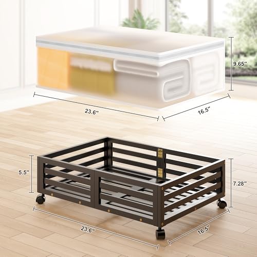 Wisuce Home Under Bed Storage Containers With Wheels - Bamboo Wood Rolling Underbed Shoe Storage Bins With Dust Bags for Clothes Blankets, Duvet Covers Snacks Toys