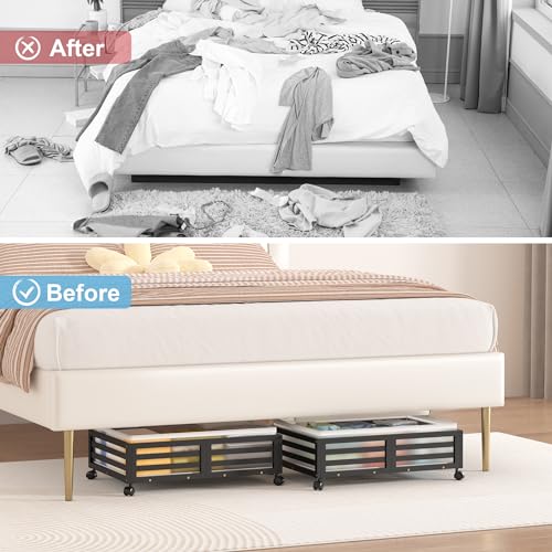 Wisuce Home Under Bed Storage Containers With Wheels - Bamboo Wood Rolling Underbed Shoe Storage Bins With Dust Bags for Clothes Blankets, Duvet Covers Snacks Toys