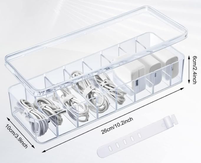 4-Pack Clear Cable Management Boxes with 40 Silicone Ties - Durable Cord Organizer Storage Solution for Desk Accessories, Electronics, Cosmetics, Jewelry - Versatile Home & Office Organization Kit