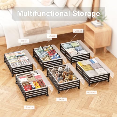 Wisuce Home Under Bed Storage Containers With Wheels - Bamboo Wood Rolling Underbed Shoe Storage Bins With Dust Bags for Clothes Blankets, Duvet Covers Snacks Toys