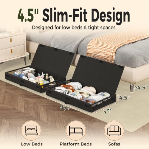 Fokyfok 2 Pack Under the Bed Storage Containers,31 inch Long Underbed Storage with Wheels,12 inch Height Under Bed Shoe Storage,Large Rolling under bed Clothes Storage Drawers with Lid for Dorm,Parent