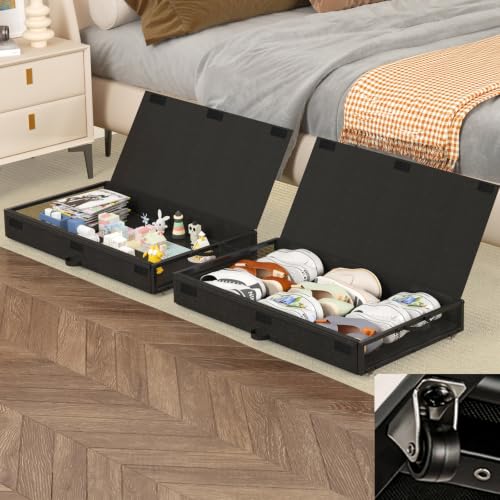 Fokyfok 2 Pack Under the Bed Storage Containers,31 inch Long Underbed Storage with Wheels,12 inch Height Under Bed Shoe Storage,Large Rolling under bed Clothes Storage Drawers with Lid for Dorm,Parent