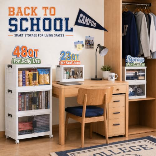 OlarHike Storage Bins with Lids - Folding Storage box with Doors and Wheels, Collapsible Plastic Storage Bins for Closet, Stackable Storage Organizer, Movable Storage Containers