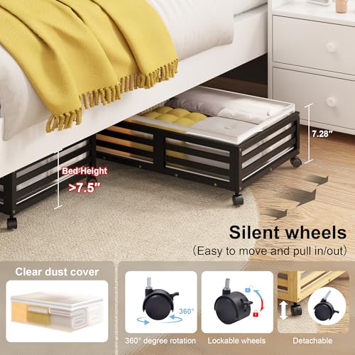 Wisuce Home Under Bed Storage Containers With Wheels - Bamboo Wood Rolling Underbed Shoe Storage Bins With Dust Bags for Clothes Blankets, Duvet Covers Snacks Toys
