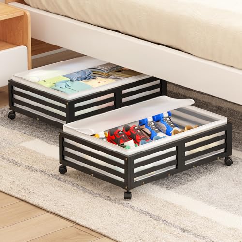Wisuce Home Under Bed Storage Containers With Wheels - Bamboo Wood Rolling Underbed Shoe Storage Bins With Dust Bags for Clothes Blankets, Duvet Covers Snacks Toys