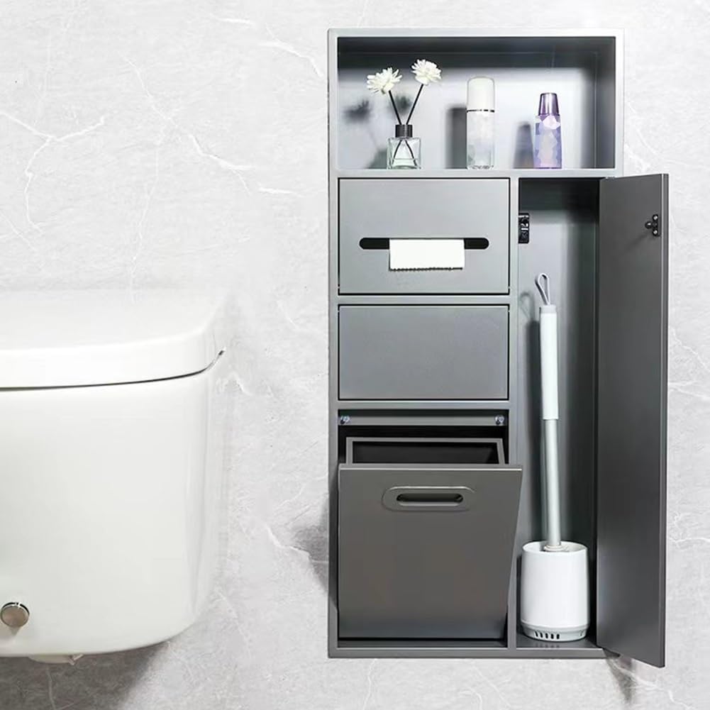 Stainless Steel Shower Nich, Recessed Shower Trash Can Holder, Built-in Shampoo Storage Shelf for Bathroom Storage/Shampoo/Toiletries,Black-40x67x14cm/15.74x26.37x5.51in
