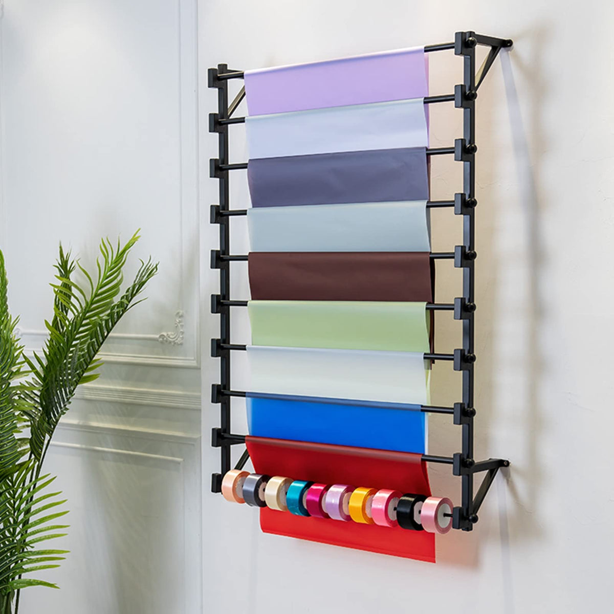 Crafts Ribbon Holder Organizer Rack Wall Mount Wrapping Paper Storage Rack Black, Commercial Metal Scarf Display Holder for Clothing Store/Home Closet, 10 Tier Organizer Stand (Color : Black, Size :