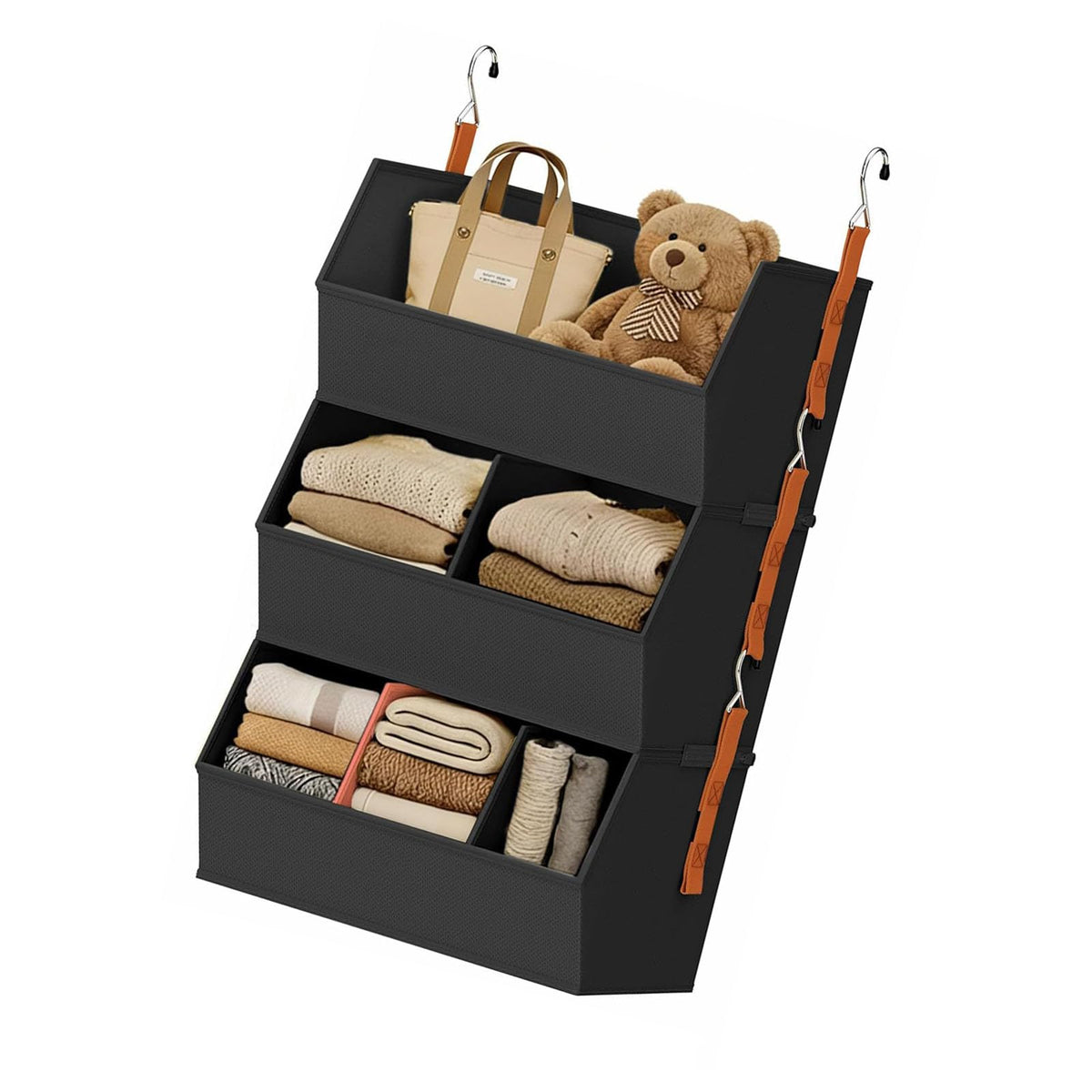 sodeber Fabric Hanging Closet Organizer with Reinforced PP Boards and Metal Hooks Space Saving Vertical Wardrobe Storage Shelves for Clothes Sweaters and Household Organization