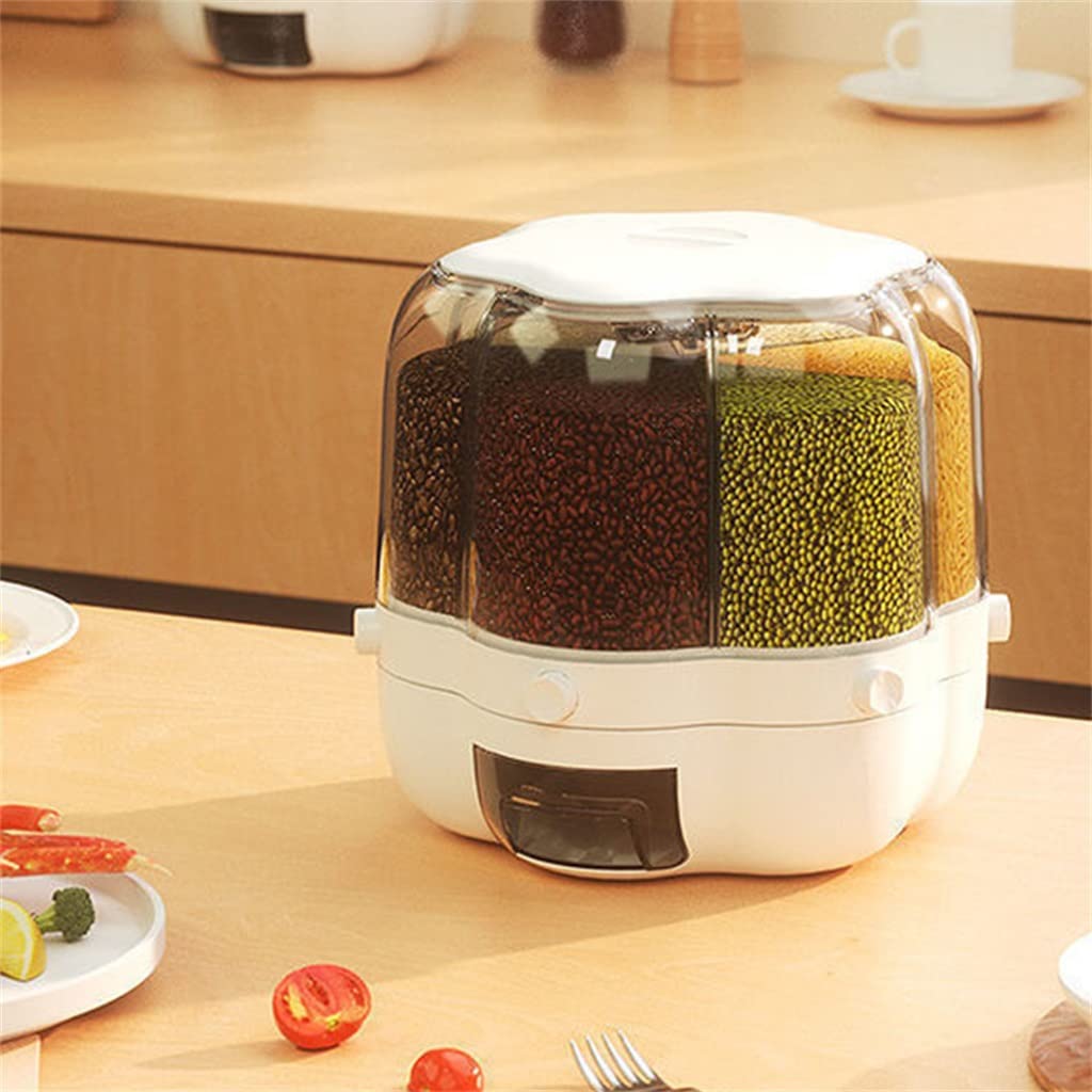 UOHLCX Rotating Food Bucket Kitchen Storage Container Bulk Grain Resistant 6 Compartment