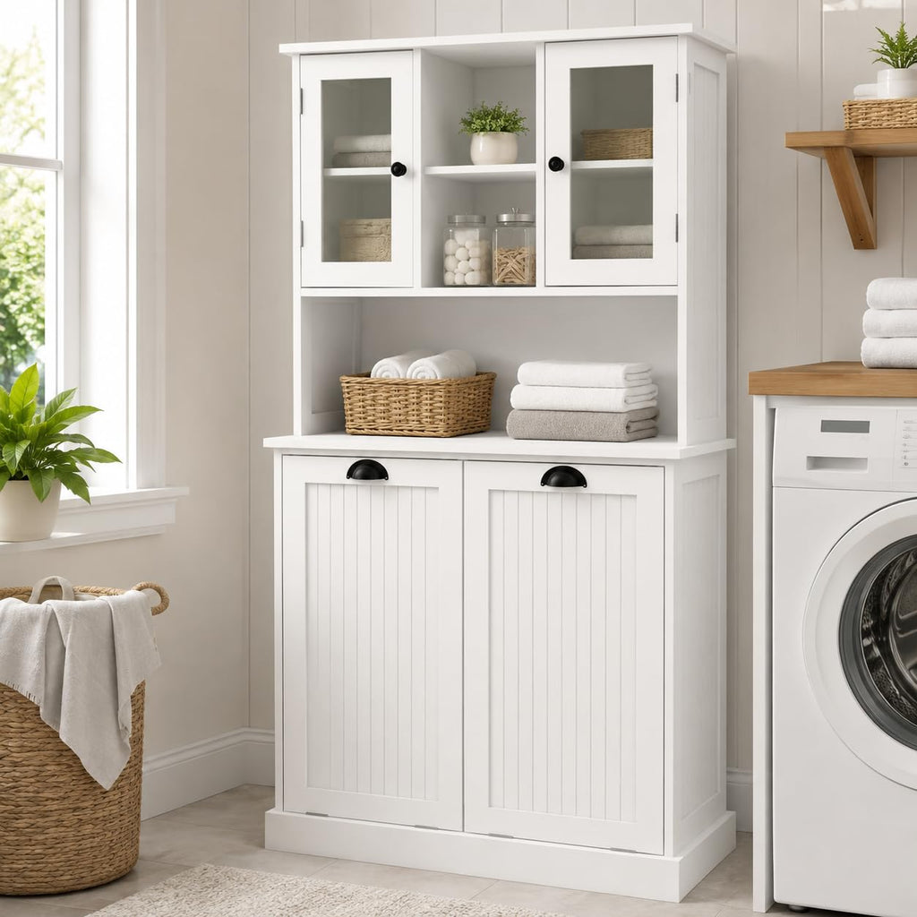 Laundry Hamper Cabinet with 2 Tilt-Out Bins and Adjustable Shelves