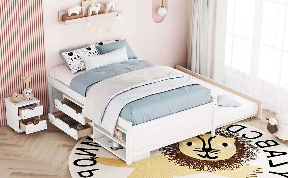 Full Size Storage Bed, Solid Wood Bed with Trundle, Under Bed Storage Box of 2 Drawers, Shelves, and Nightstand,White DI728 CR275