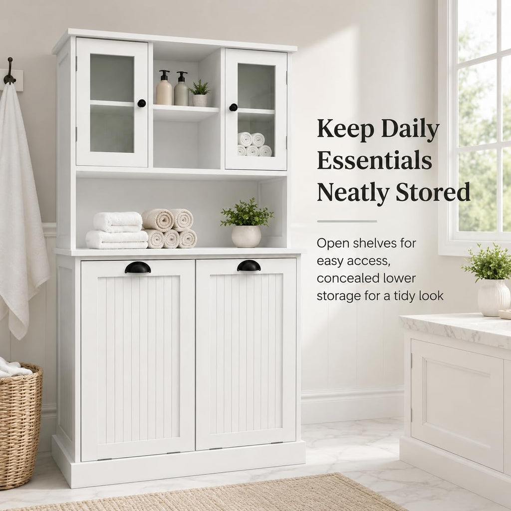 Laundry Hamper Cabinet with 2 Tilt-Out Bins and Adjustable Shelves