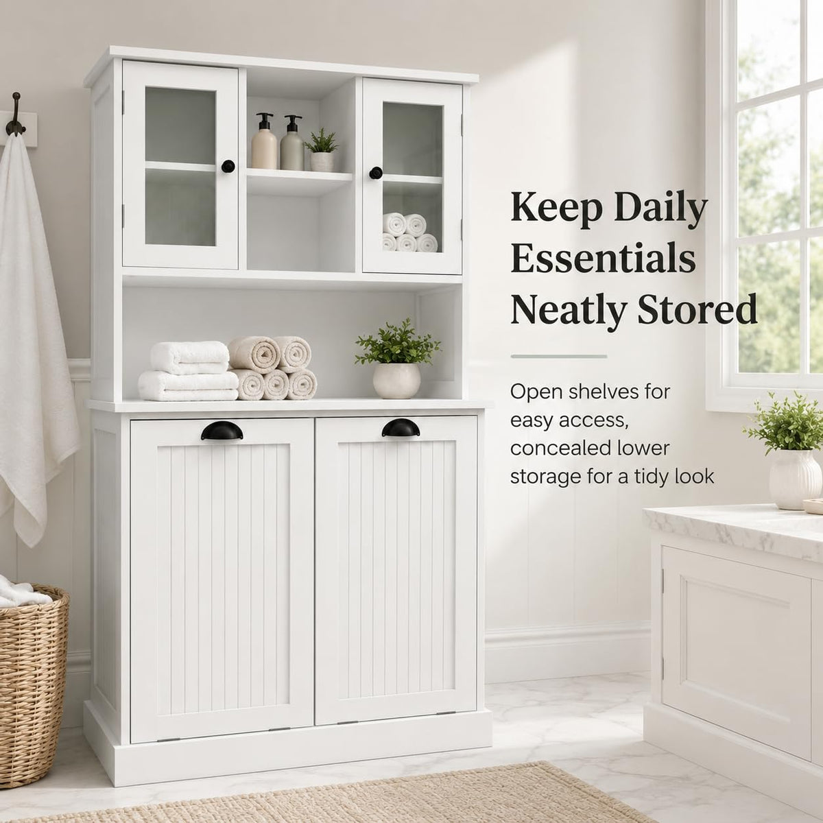 Laundry Hamper Cabinet with 2 Tilt-Out Bins and Adjustable Shelves