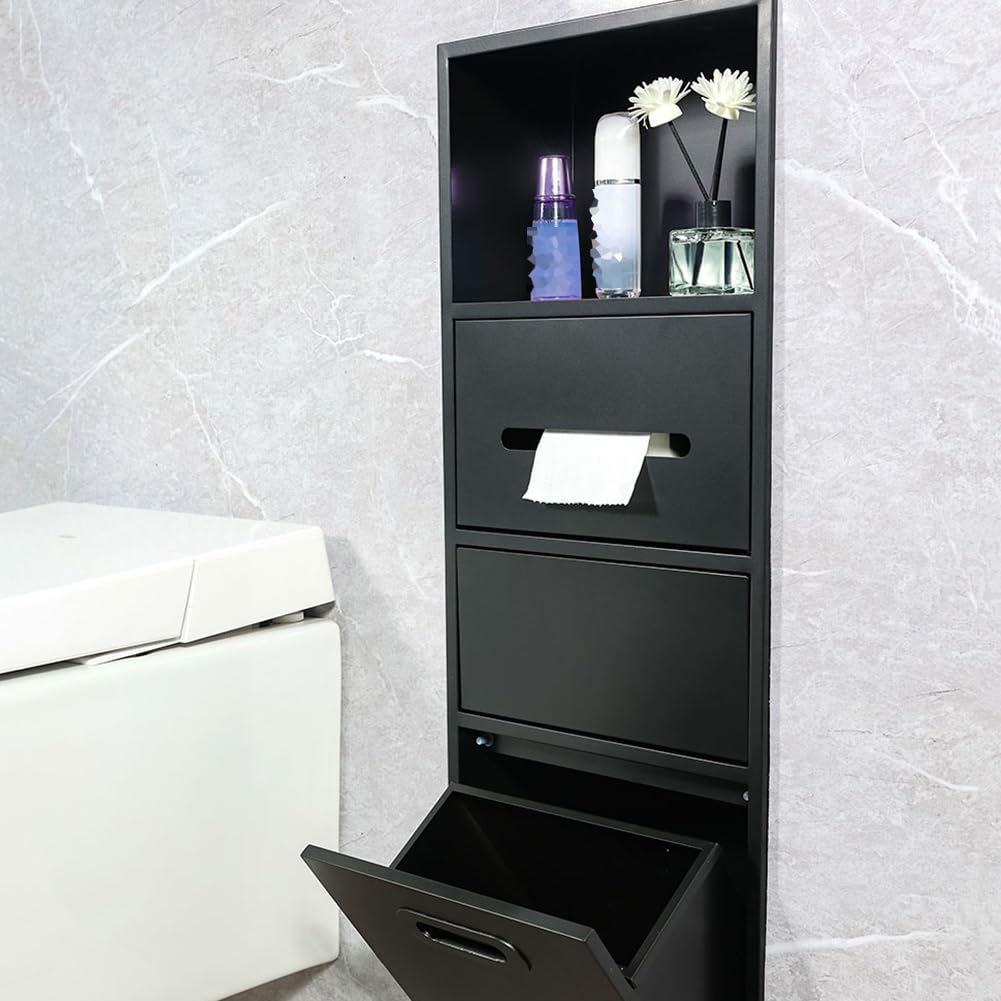 Stainless Steel Shower Nich, Recessed Shower Trash Can Holder, Built-in Shampoo Storage Shelf for Bathroom Storage/Shampoo/Toiletries,Black-40x67x14cm/15.74x26.37x5.51in
