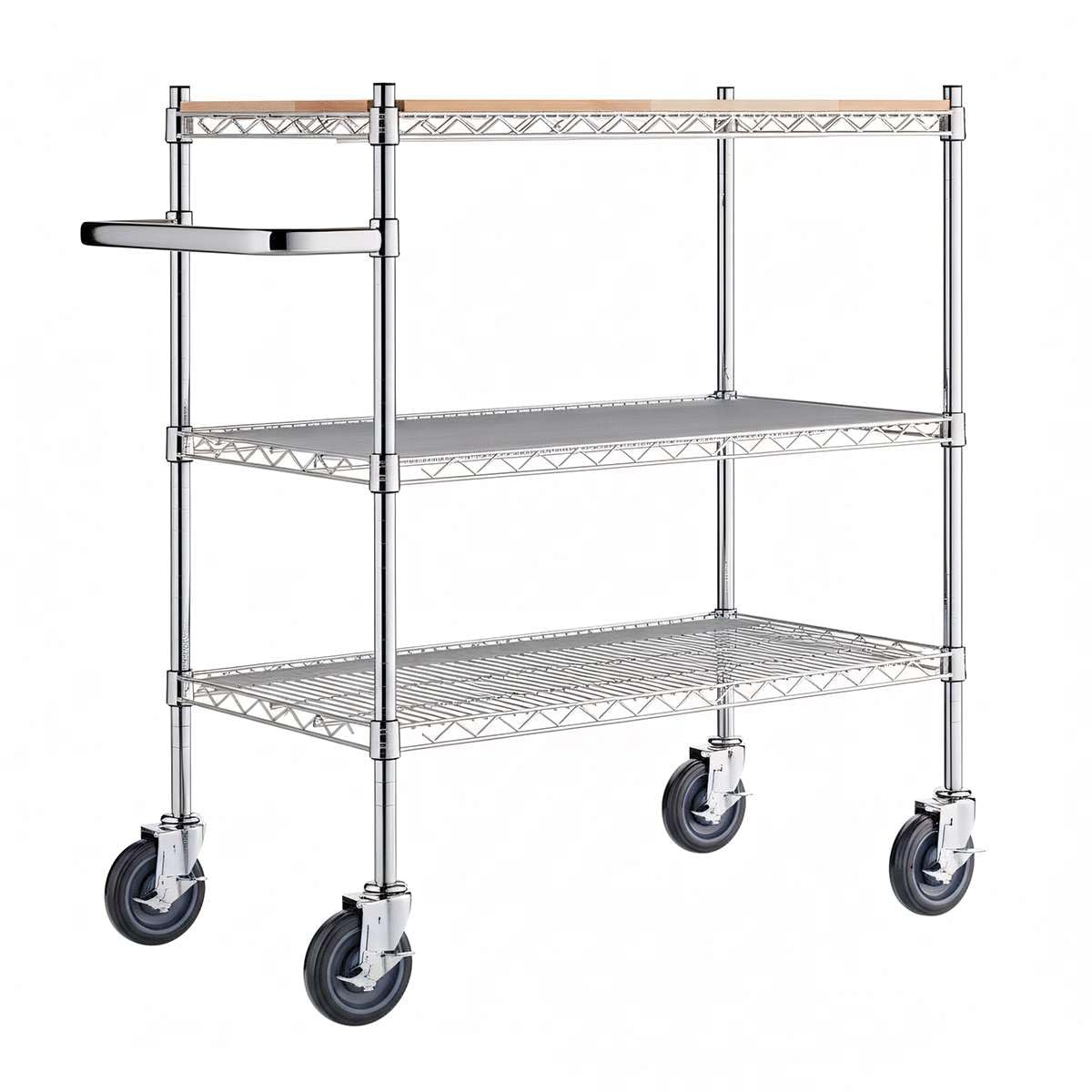 Commercial Chrome Utility Cart with Wood Shelf Insert