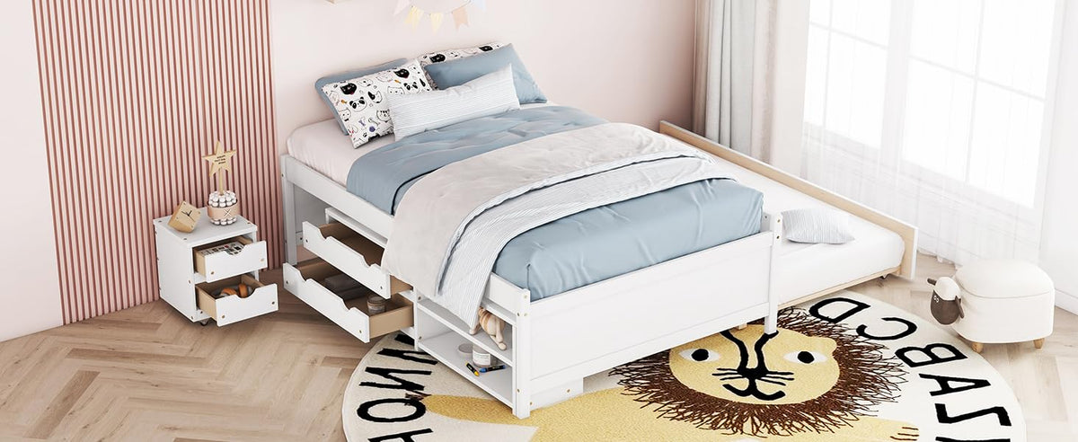 Full Size Storage Bed, Solid Wood Bed with Trundle, Under Bed Storage Box of 2 Drawers, Shelves, and Nightstand,White DI728 CR275