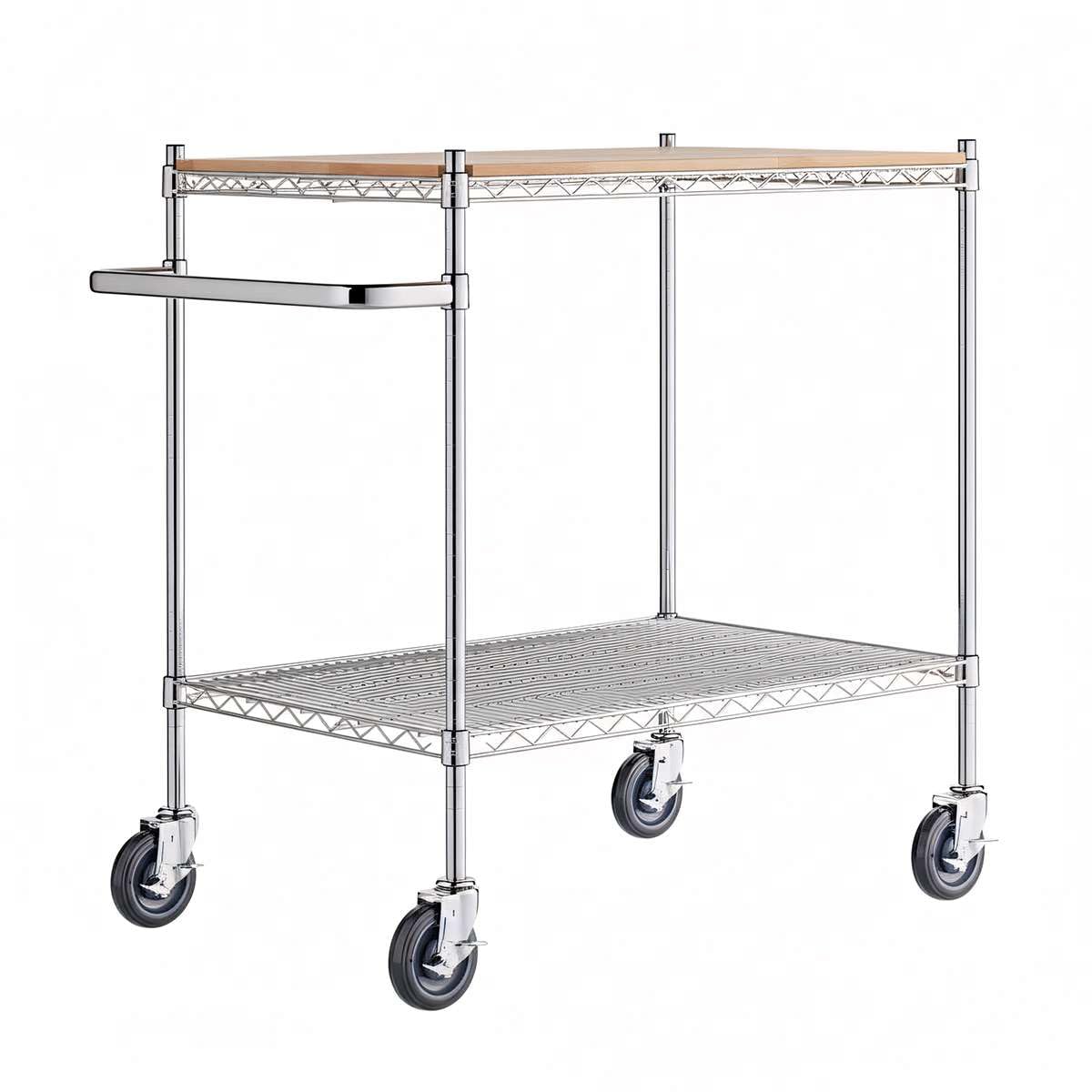 Commercial Chrome Utility Cart with Wood Shelf Insert
