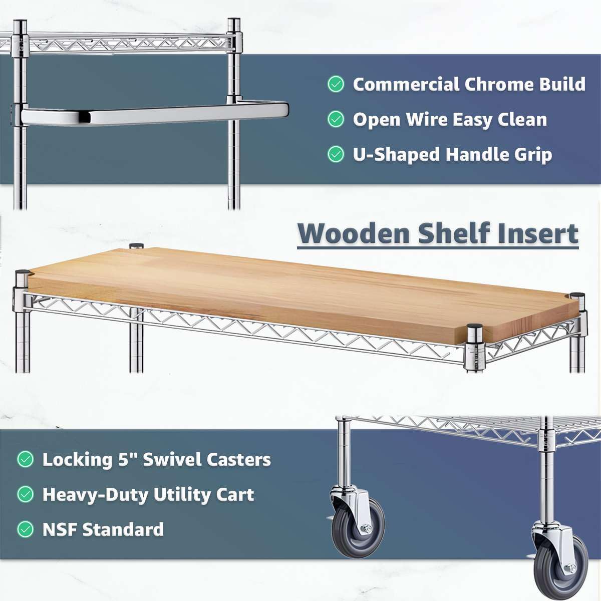 Commercial Chrome Utility Cart with Wooden Shelf Insert