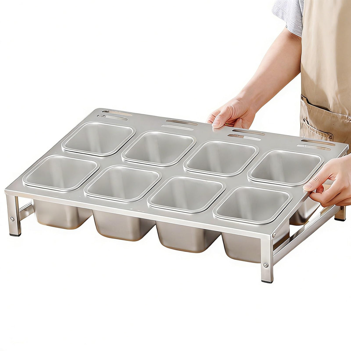 304 Stainless Steel Pizza Topping Station, 2-Tier Condiment Tray with Lids & Spoons, Kitchen Counter Organizer for Spices & Toppings, Restaurant & Home Use