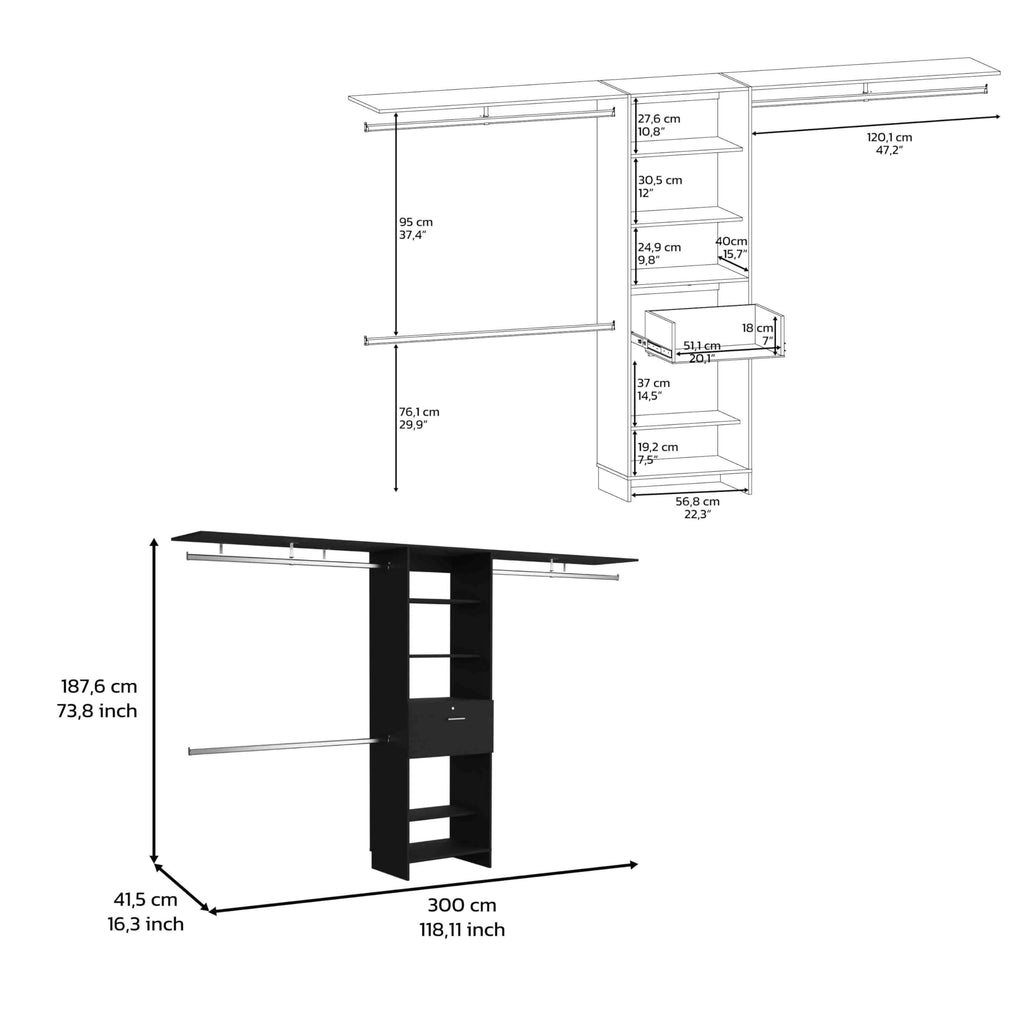 GMASONHK Black Closet Organizer System - 3 Hanging Rods, 5 Shelves, 1 Drawer for Bedroom and Wardrobe