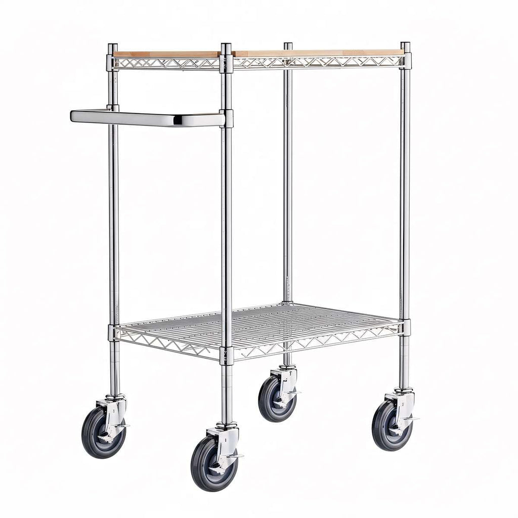 Commercial Chrome Utility Cart with Wooden Shelf Insert