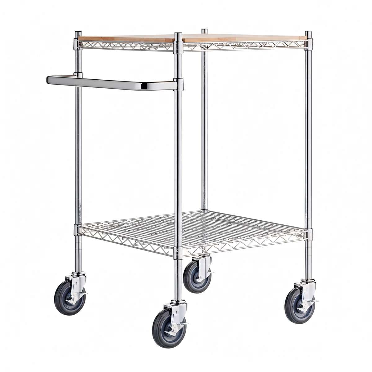 Commercial Chrome Utility Cart with Wood Shelf Insert