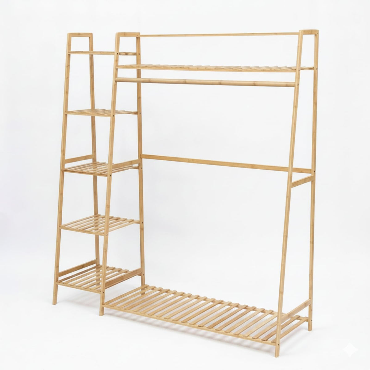 Fonowx Clothing Rack Bamboo Garment Organizer Wardrobe Stand Coat Hanger With Side Shelves And Bottom Slats For Space Saving Storage Suitable for bedroom entryway apartment