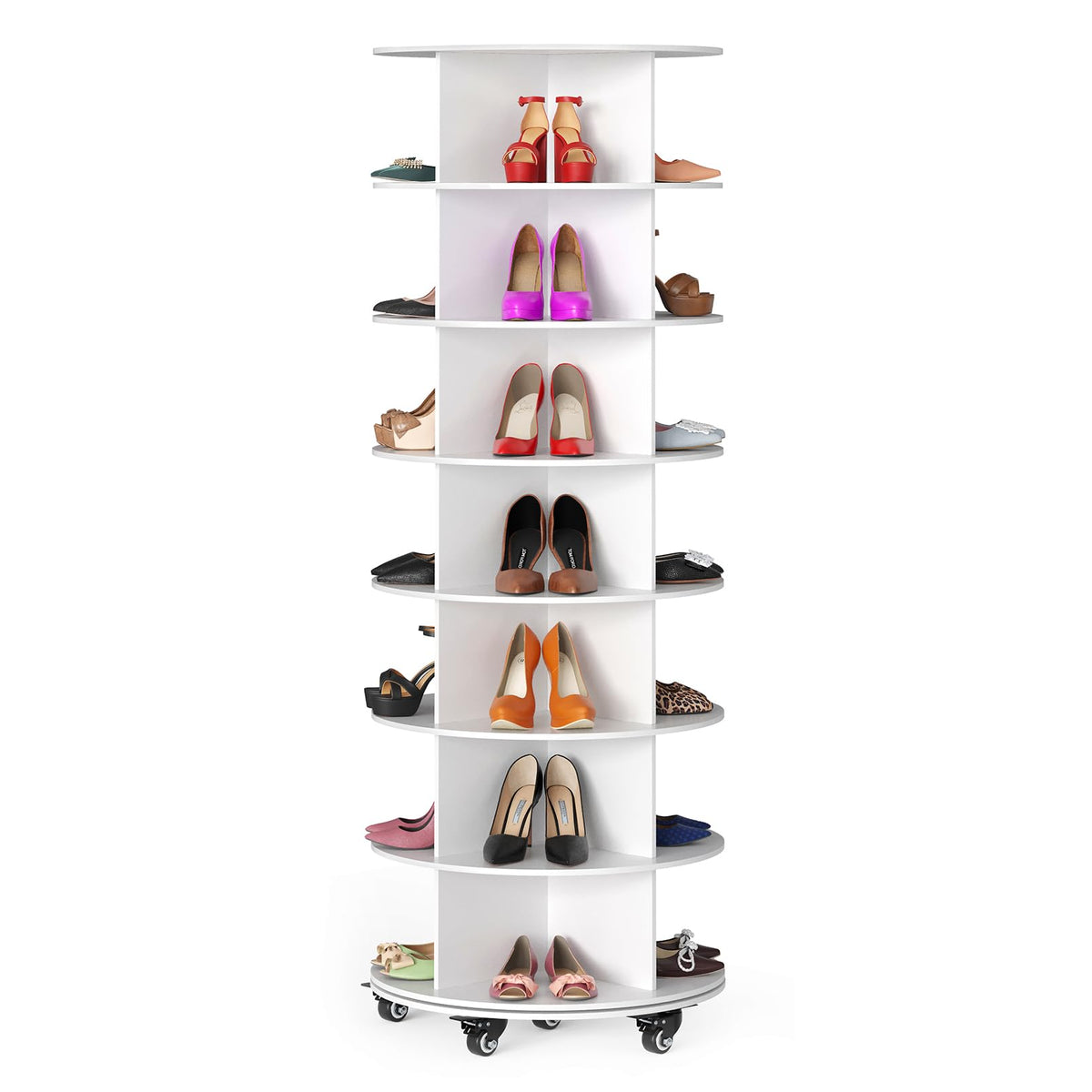 SpaceAid Spinning Shoe Rack with Wheels, 7 Tier Rotating Organizer Shoe Tower Lazy Susan with Thick Bottom, 360 Display Revolving Storage Shelf, Round Circular Rotate Organization, White