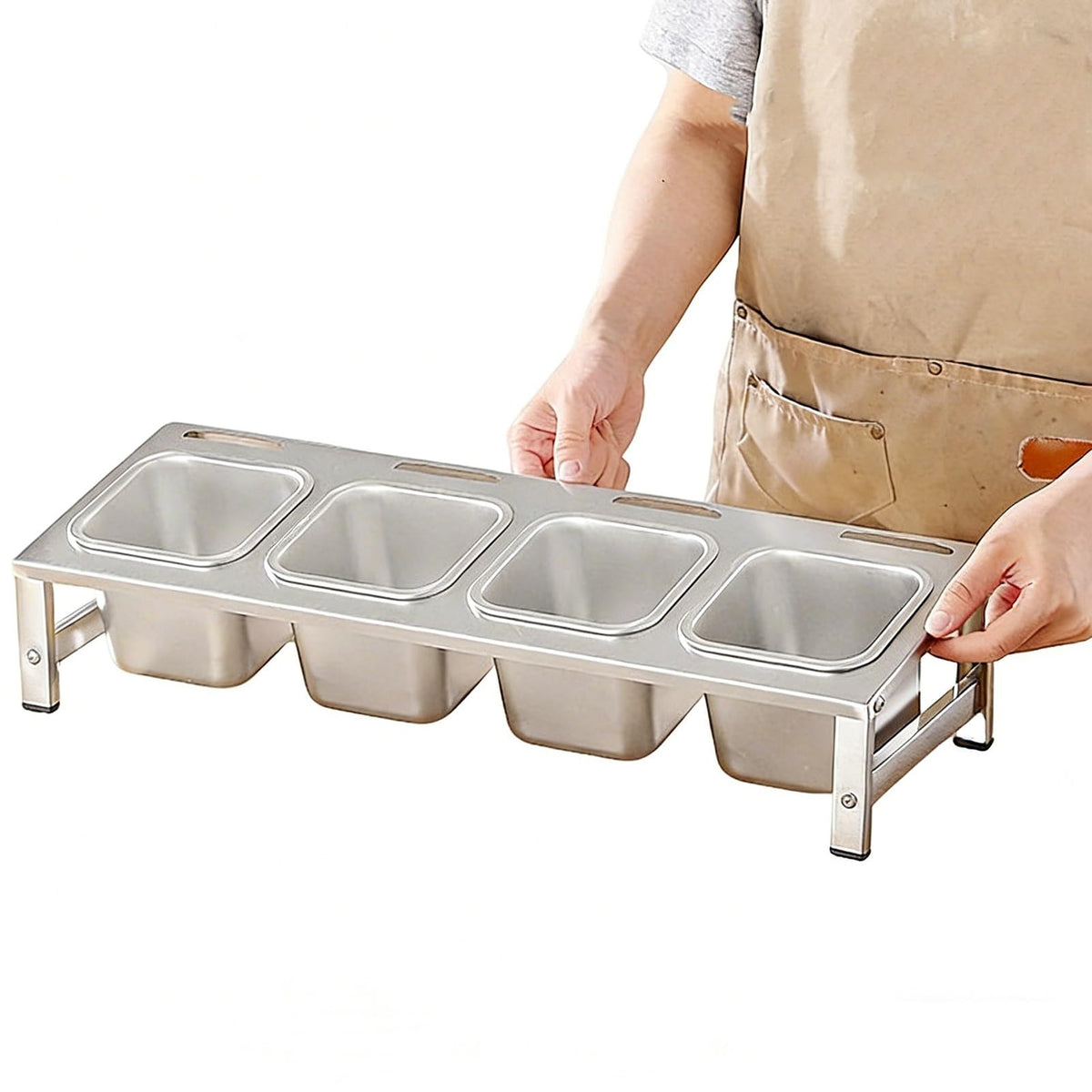 304 Stainless Steel Pizza Topping Station, 2-Tier Condiment Tray with Lids & Spoons, Kitchen Counter Organizer for Spices & Toppings, Restaurant & Home Use
