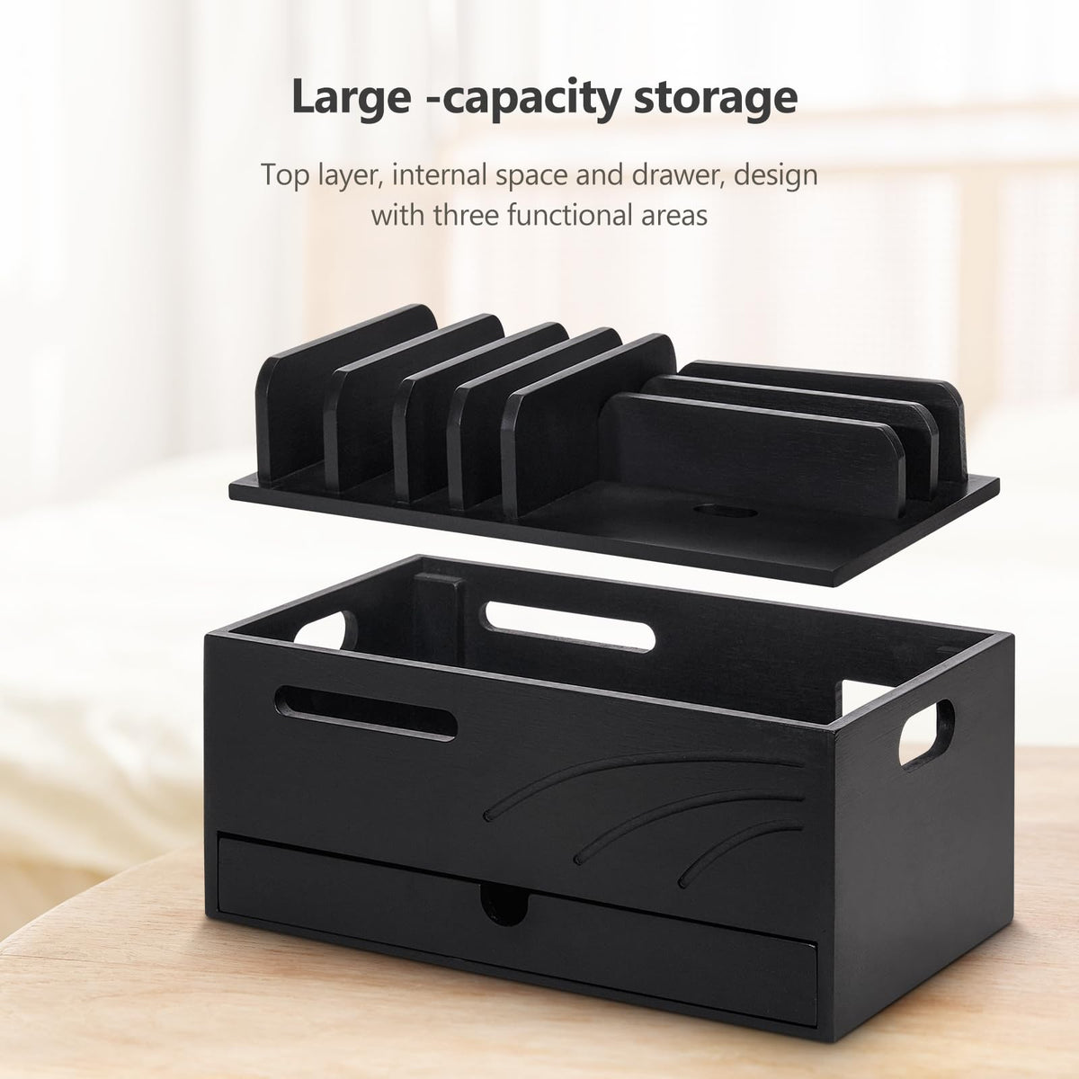 Homde Natural Bamboo Charging Station Rack for Multiple Devices Cable Cord Management Box Organizer Holder with 6 Slots Drawer for Chargers Phones Tablets Watches Electronics