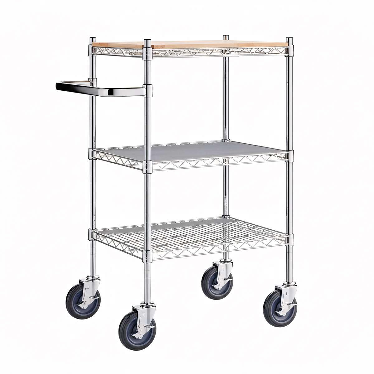 Commercial Chrome Utility Cart with Wood Shelf Insert