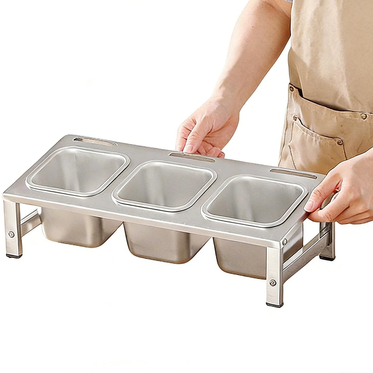 304 Stainless Steel Pizza Topping Station, 2-Tier Condiment Tray with Lids & Spoons, Kitchen Counter Organizer for Spices & Toppings, Restaurant & Home Use