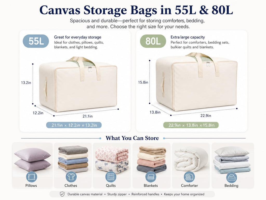 DoYiKe Soft Large Canvas Comforter Storage Bags with Zipper and Clear Window, Cotton Linen Storage Organizer for Sweater, Comforter, Blankets, Quilt, Pillows and Bedding