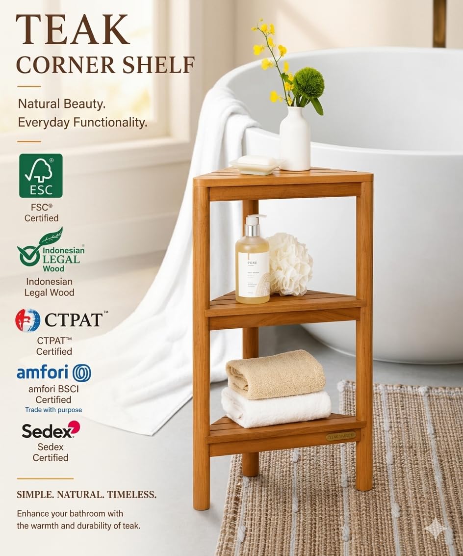 TEAK VALLEY Fully Assembled Teak Corner Shower Shelf, Shower Caddy 26.5"