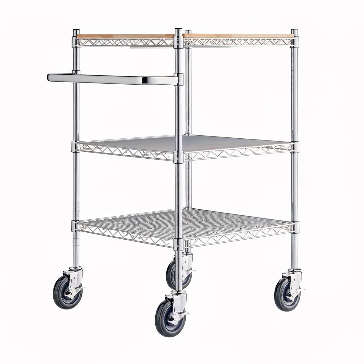 Commercial Chrome Utility Cart with Wood Shelf Insert