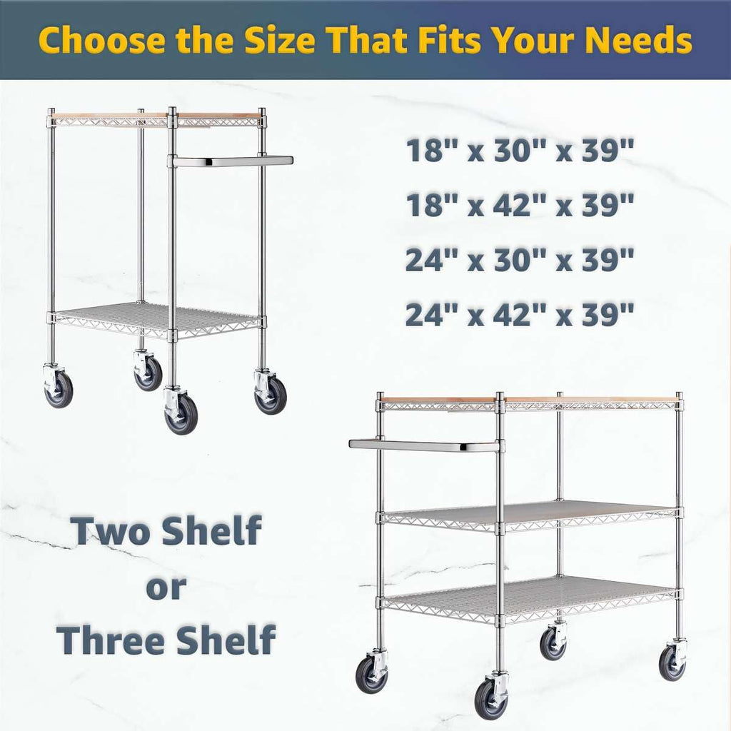 Commercial Chrome Utility Cart with Wooden Shelf Insert